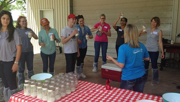 Farm tour participants make butter.