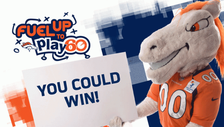 Miles, the Denver Broncos mascot holding a sign that says You Could Win!